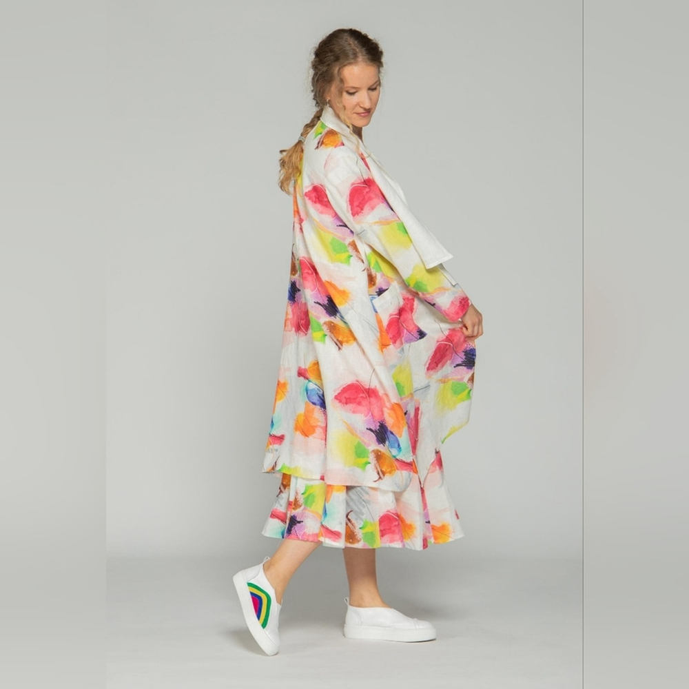 Luukaa Maya Linen Duster Jacket Multicolor Watercolor Art Print Open Front 10